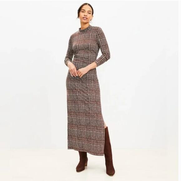 LOFT Dresses & Skirts - Loft Houndstooth Mock Neck Long Sleeve Midi Dress Size L